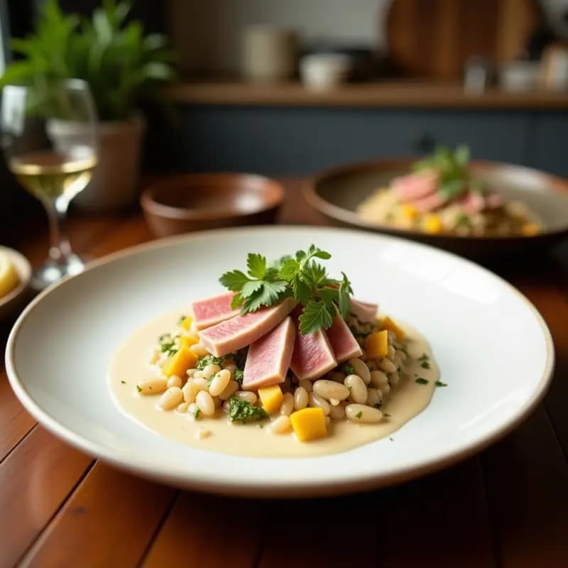Plato elegante de ceiche de atún rojo con leche de coco y lima kaffir, servido en un bol de cerámica blanca con decoración de cilantro fresco y semillas de sésamo negro, acompañado de rodajas de lima kaffir y cebolla morada en juliana.