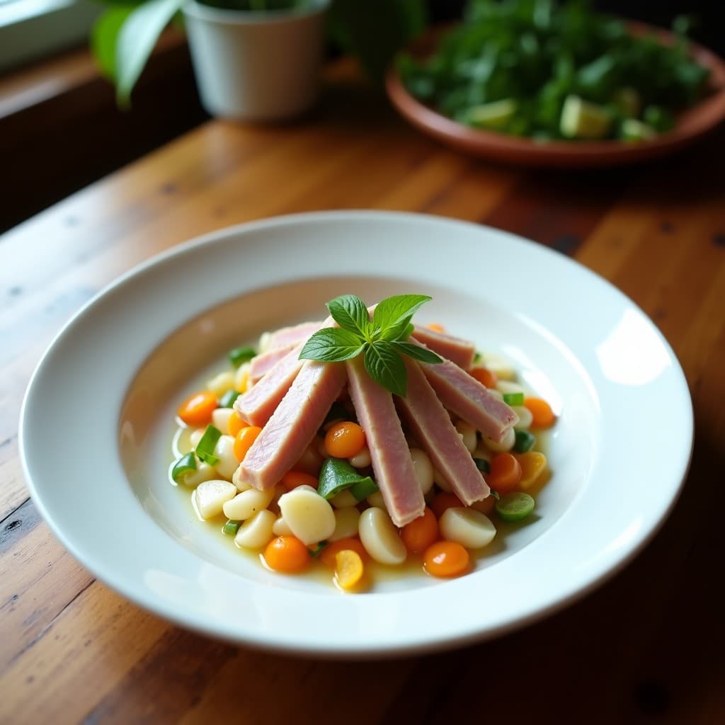 Ceviche de atún rojo con leche de coco y lima servido en copa de cristal transparente, con cubos de atún rojo fresco, juliana de cebolla morada, pimiento amarillo, apio y semillas de sésamo tostadas. Decorado con hojas de hierbabuena y cilantro fresco sobre fondo blanco minimalista.