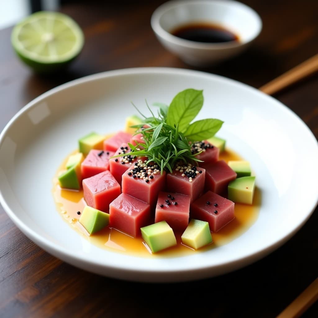 Ceviche de atún rojo con leche de limón y aguacate servido en plato blanco hondo, con cubos de aguacate verde, atún rojo en dados, semillas de sésamo negro y decoración de cilantro fresco, bajo luz natural.