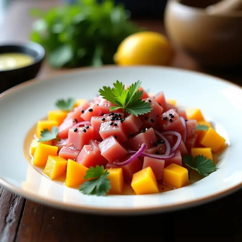 Ceviche de atún rojo con mango y cítricos servido en plato blanco, con cubos de atún fresco, mango dorado, cebolla morada, cilantro y semillas de sésamo negro. Decorado con hojas de shiso y rodajas de lima, fusión peruan-japonesa.