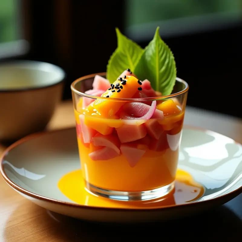 Ceviche Nikkei de atún rojo con mango y leche de tigre de maracuyá servido en copa de cristal transparente, decorado con semillas de sésamo negro, hojas de shiso y granos de pimienta rosa sobre fondo oscuro.