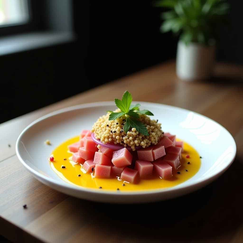Ceviche de atún rojo en cubos marinado en leche de tigre amarilla con trozos de maracuyá, cebolla morada y cilantro, coronado con crujiente de quinoa y sésamo negro en un plato blanco sobre fondo oscuro. Receta Nikkei gourmet.