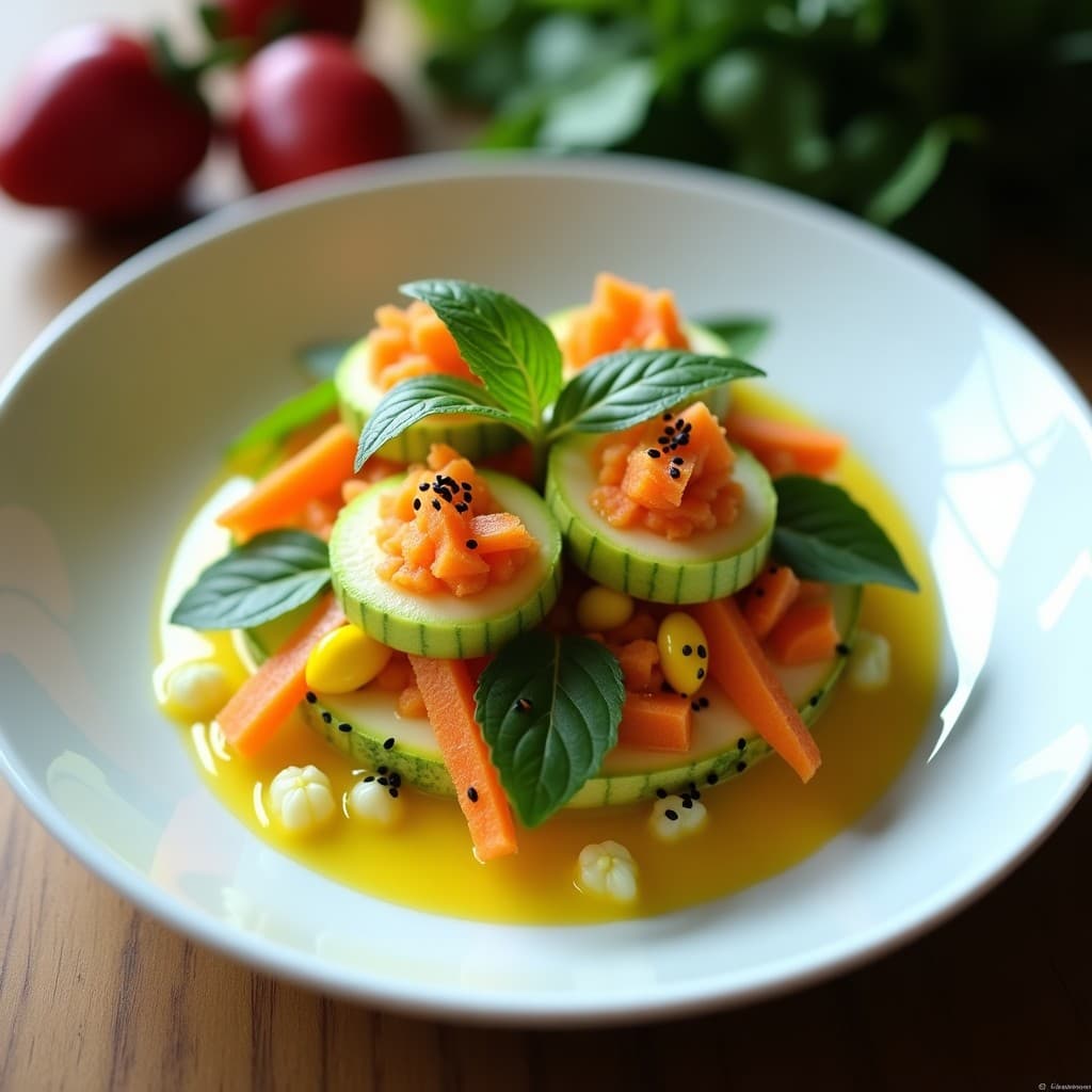 Plato blanco de cerámica con ceviche de calabacín en juliana fina, algodón de azúcar de zanahoria en forma de nidos, bañado en leche de tigre de maracuyá amarilla. Decorado con semillas de sésamo negro, hojas de menta y cilantro fresco. Fondo minimalista con toques de luz natural.