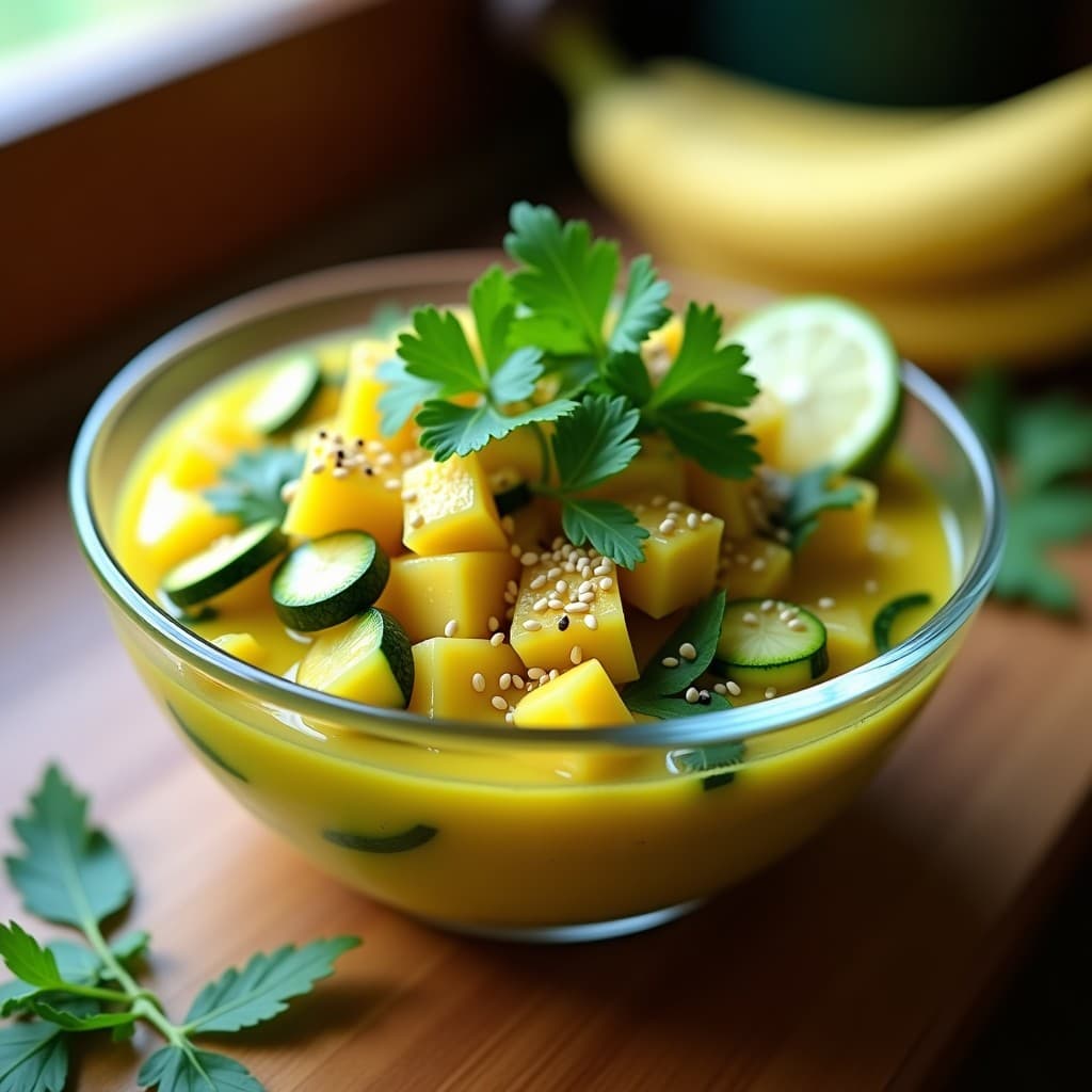 Ceviche vegano colombiano de calabacín en cubos y rodajas de chontaduro, bañado en leche de tigre de limón amarilla brillante, decorado con cilantro fresco, semillas de sésamo y rodajas de limón, servido en una copa de cristal sobre fondo de hojas de plátano.