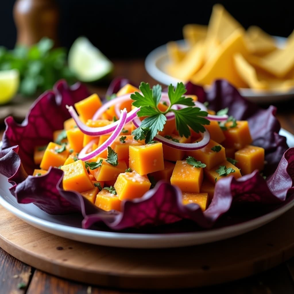 Plato de ceviche vegano peruano con cubos de calabaza ahumada, leche de caju cremosa, cebolla morada, ají amarillo y culantro, servido sobre hojas de lechuga morada con rodajas de apio.