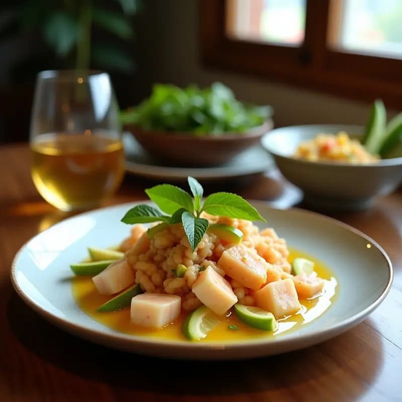 Plato blanco rectangular con ceviche de camarón rosado marinado, cubos de aguacate verde cremoso, salsa de maracuyá dorada y semillas de sésamo negro. Acompañado de hojas de lechuga butter y tostadas de pan sin gluten al lado.