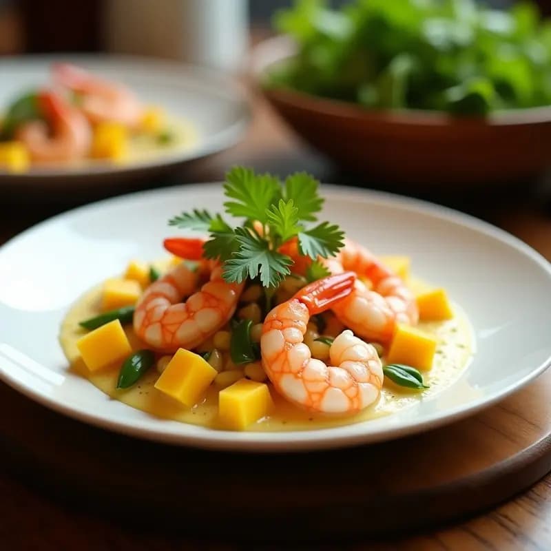 Ceviche vegano ecuatoriano servido en copa de cóctel con corazones de alcachofa marinado en leche de coco y mango, decorado con semillas de sésamo y cilantro fresco.
