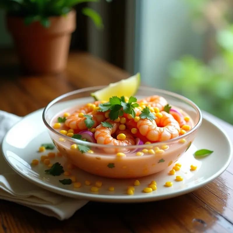 Ceviche de camarón con leche de tigre y maíz servido en copa de cristal, con camarones rosados marinado en jugo cítrico, trozos de cebolla morada, cilantro fresco y maíz tostado dorado espolvoreado por encima. Plato fresco y colorido típico de la cocina peruana.
