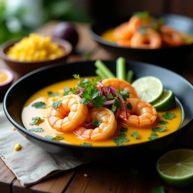 Plato hondo de cerámica negra con ceviche de camarón con leche de tigre de maracuyá, camote morado en rodajas, cancha serrana y cilantro fresco. Colores vibrantes del amarillo de la leche de tigre, el rosa de los camarones y el morado del camote, sobre un fondo rústico de madera.