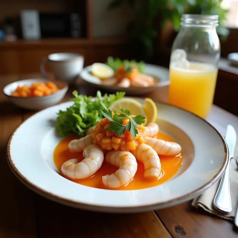 Ceviche de camarón con lechuga de mar y naranja sanguina servido en copa de cristal, decorado con gajos de naranja y pimienta rosa, sobre fondo rústico de madera.