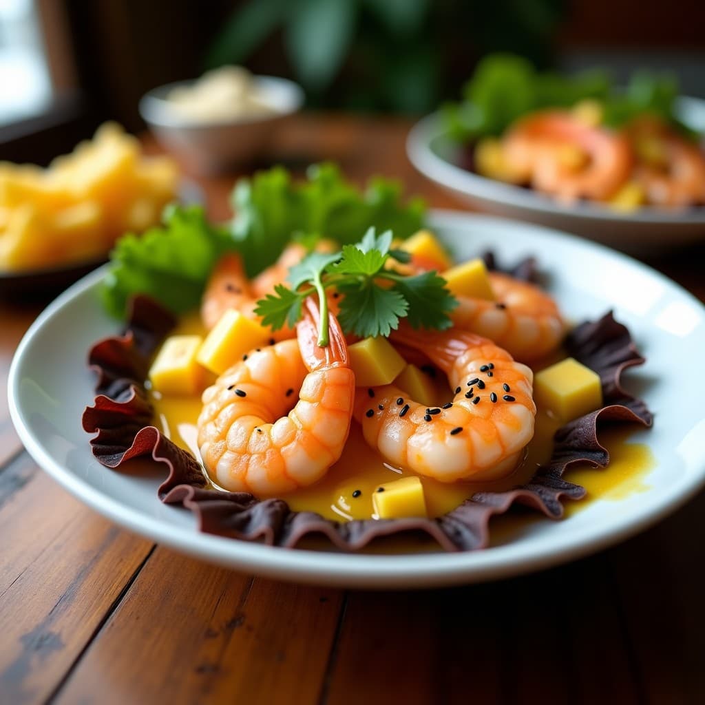 Plato de ceviche de camarón y lulo con leche de tigre vibrante, servido sobre hojas de lechuga romana, acompañado de crujiente de yuca dorado y rodajas de lima. Receta colombiana fresca y colorida.