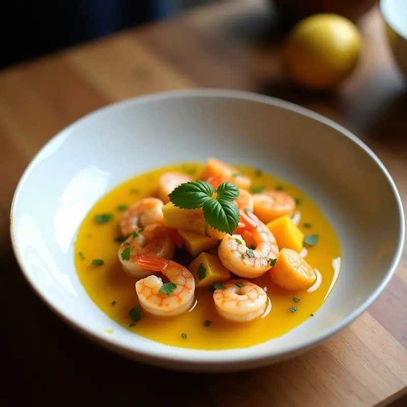Ceviche de camarón con mango y cúrcuma servido sobre hojas de lechuga romana, con trozos de camarón rosado, cubos de mango dorado, cebolla morada picada y semillas de sésamo tostadas. Plato colorido y fresco, típico de la cocina peruana antioxidante.