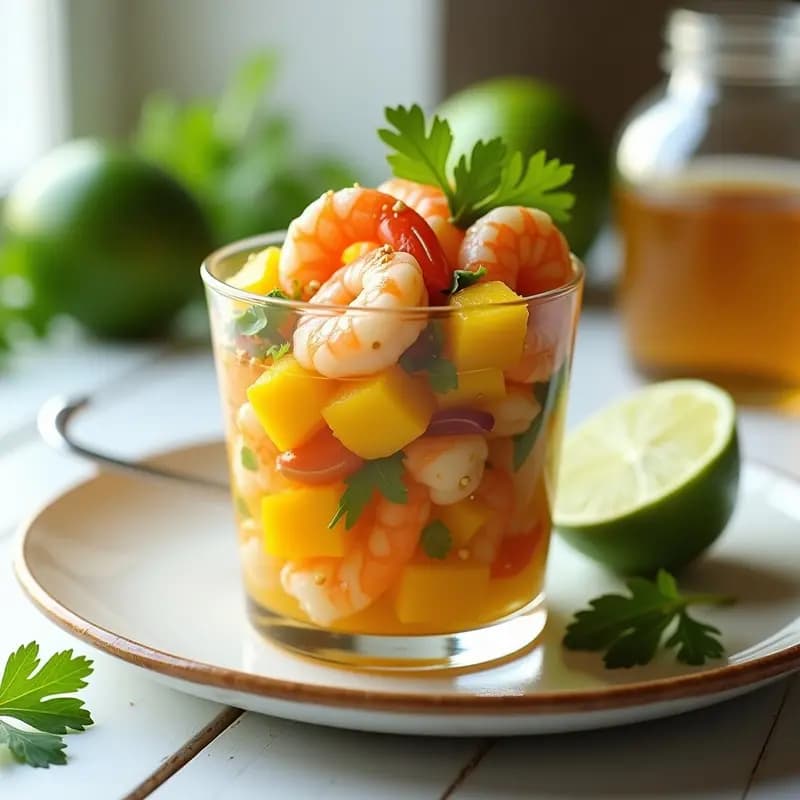 Ceviche de camarón con mango y jalapeño servido en copa de cristal sobre fondo blanco, con trozos de mango amarillo, camarones rosados, jalapeño verde y cilantro fresco, decorado con semillas de sésamo.