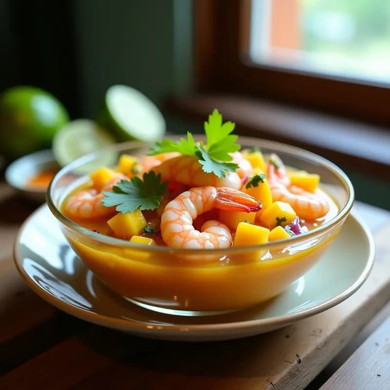 Copa de cristal transparente con ceviche de camarón y mango con salsa de maracuyá, servido sobre hojas de lechuga butter. Los camarones rosados y jugosos se mezclan con cubos de mango amarillo brillante, cebolla morada en juliana y cilantro fresco. Decorado con rodajas de lima y una pizca de ají rocoto picado. Fondo borroso con tonos tropicales.