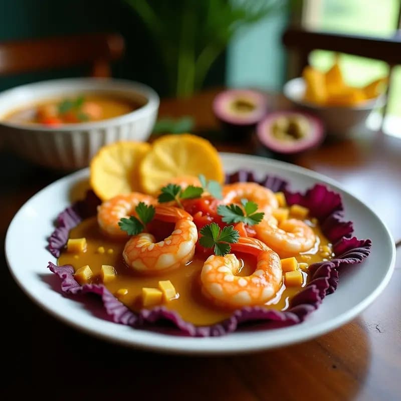 Ceviche ecuatoriano de camarón y maracuyá con leche de tigre de achiote servido en plato hondo sobre lecho de lechuga morada, decorado con chifles y rodajas de maracuyá, con colores vibrantes y textura fresca.