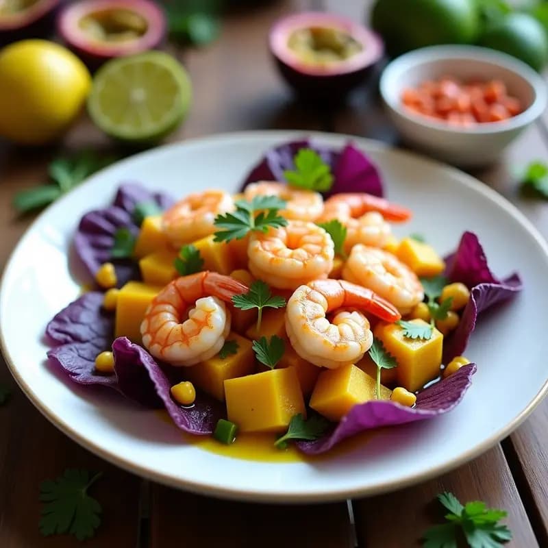 Ceviche de camarón al estilo peruano con maracuyá servido en plato blanco sobre hojas de lechuga morada, acompañado de batata morada, maíz tostado y semillas de maracuyá.