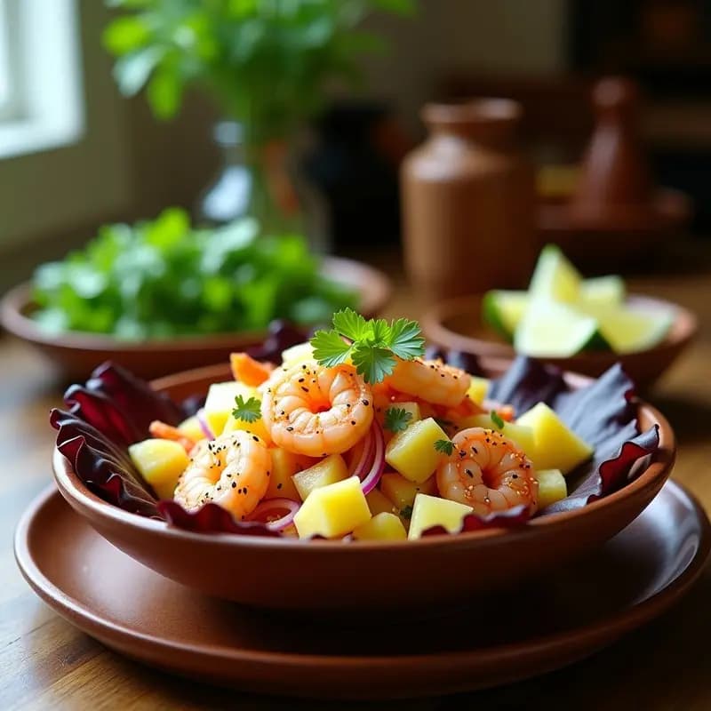 Plato hondo de cerámica blanca con ceiche de camarón y piña, decorado con rodajas de limón verde, ají limón picado y hojas de cilantro. Los camarones son rosados y brillantes, la piña en cubos amarillos contrasta con la cebolla morada y el fondo es una mesa de madera rústica con detalles peruanos.