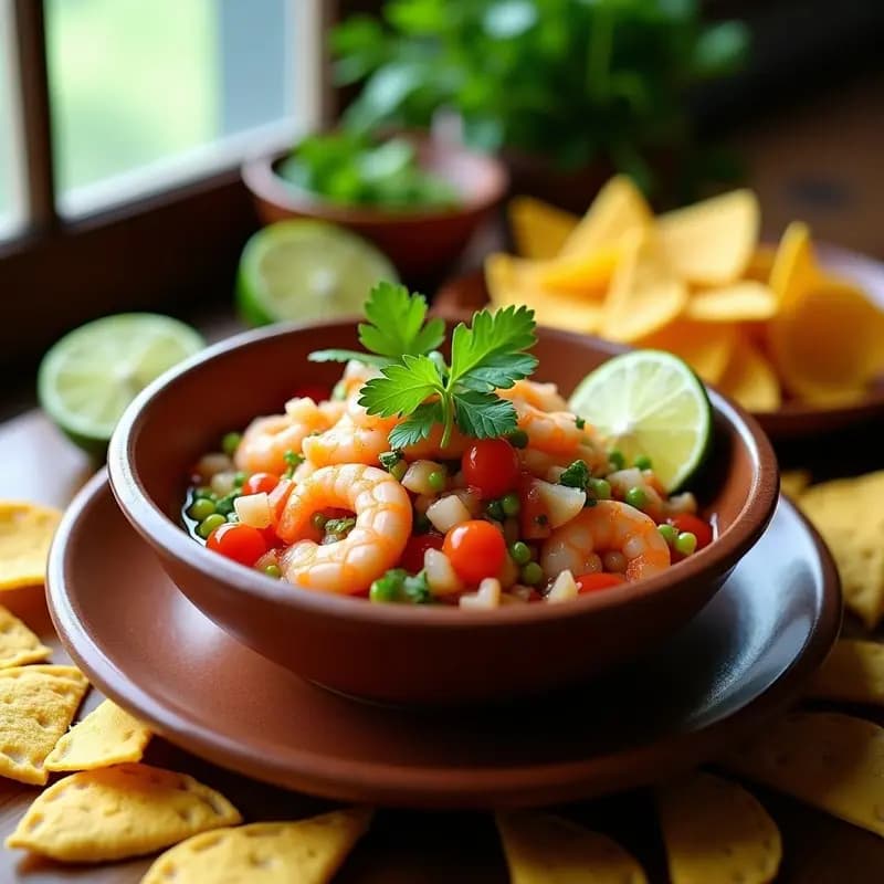 Plato de cerámica blanca con ceviche de camarón al estilo Veracruzano, trozos de camarón marinado en limón y naranja agria, mezclados con cebolla morada, jitomate saladette, aguacate en láminas y cilantro fresco. Decorado con rodajas de chile serrano y semillas de cilantro tostadas, servido sobre hojas de lechuga.