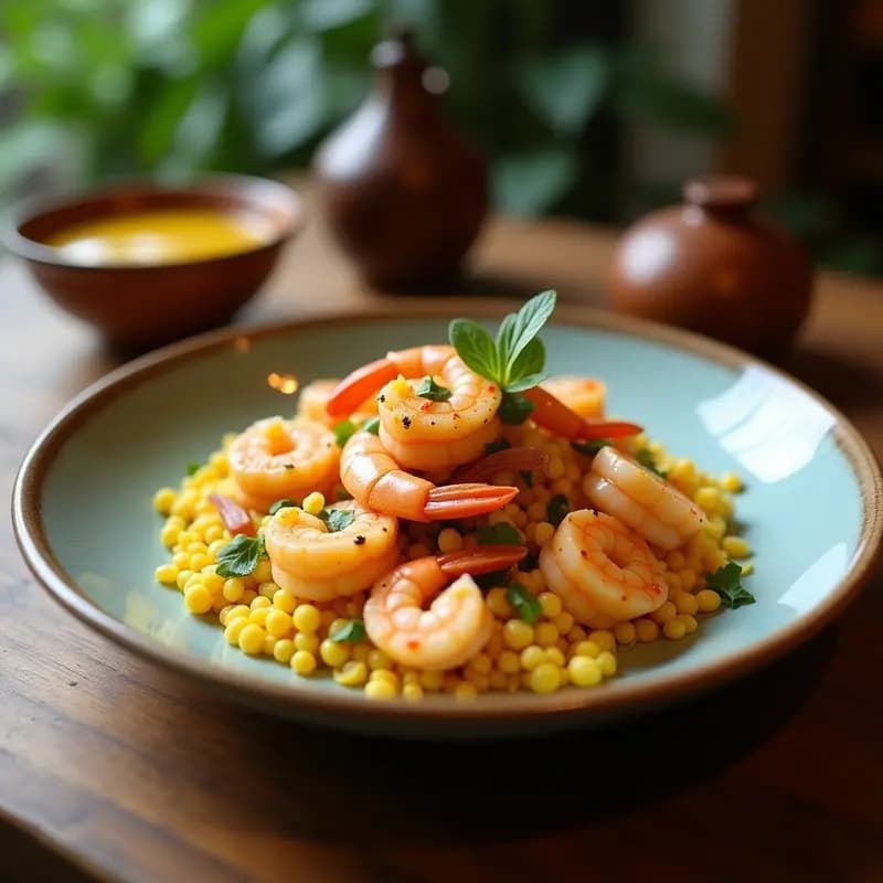 Cucharas de porcelana blancas con ceviche de camarones con coco y cúrcuma, decorado con coco rallado tostado y cilantro fresco, servido sobre una mesa de madera con limones verdes y trozos de mango al fondo.