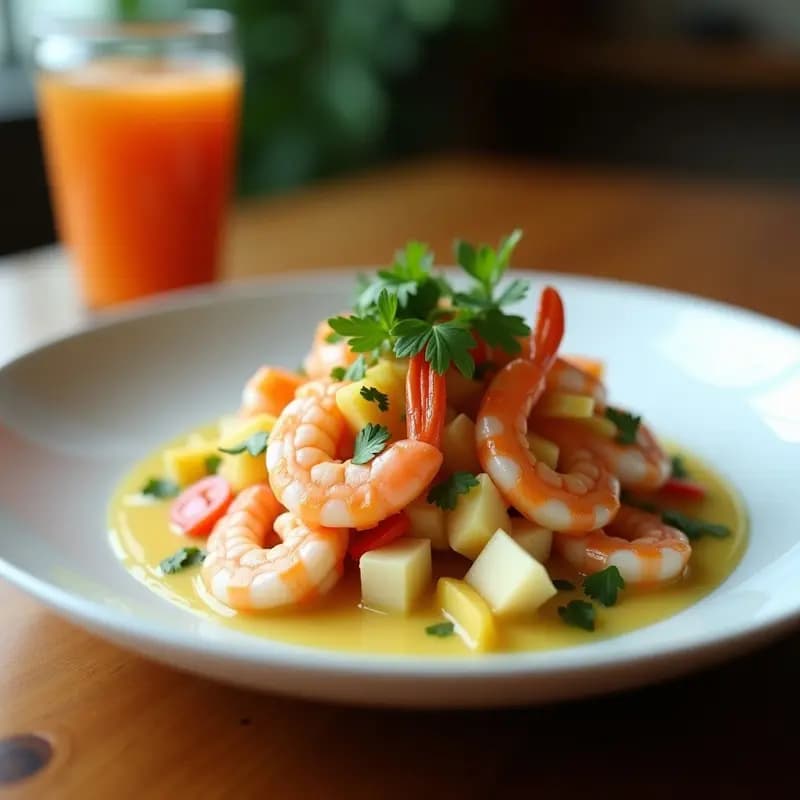 Ceviche de camarones y coco servido en vaso transparente con capas de camarones marinados, cebolla morada, tomate y leche de coco, decorado con coco rallado tostado y cilantro fresco.