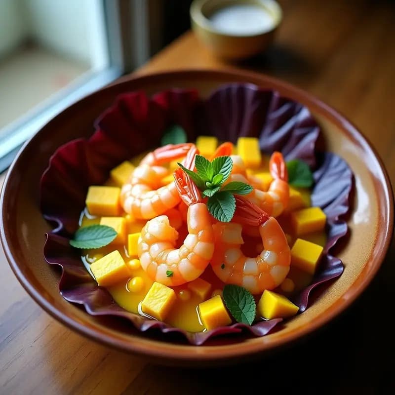 Plato hondo de cerámica blanca con ceviche de camarones marinados en leche de tiger de maracuyá, decorado con cebolla morada, pimiento rojo, cilantro y semillas de sésamo tostadas. Acompañado de hojas de lechuga romana y maíz tostado crujiente. Fondos borrosos de limones y maracuyás frescos.