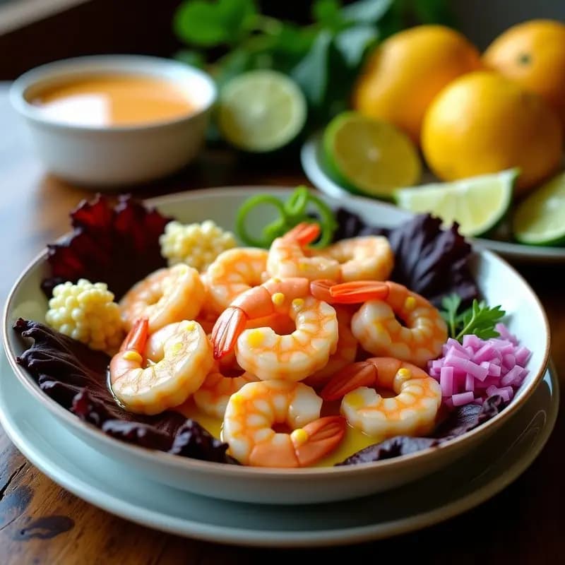 Ceviche de camarones con leche de tigre de cocona servido en bowl de cerámica blanca, con camarones rosados marinado en salsa naranja vibrante, cebolla morada, apio, cilantro y cancha serrana tostada. Receta peruana con frutos amazónicos.