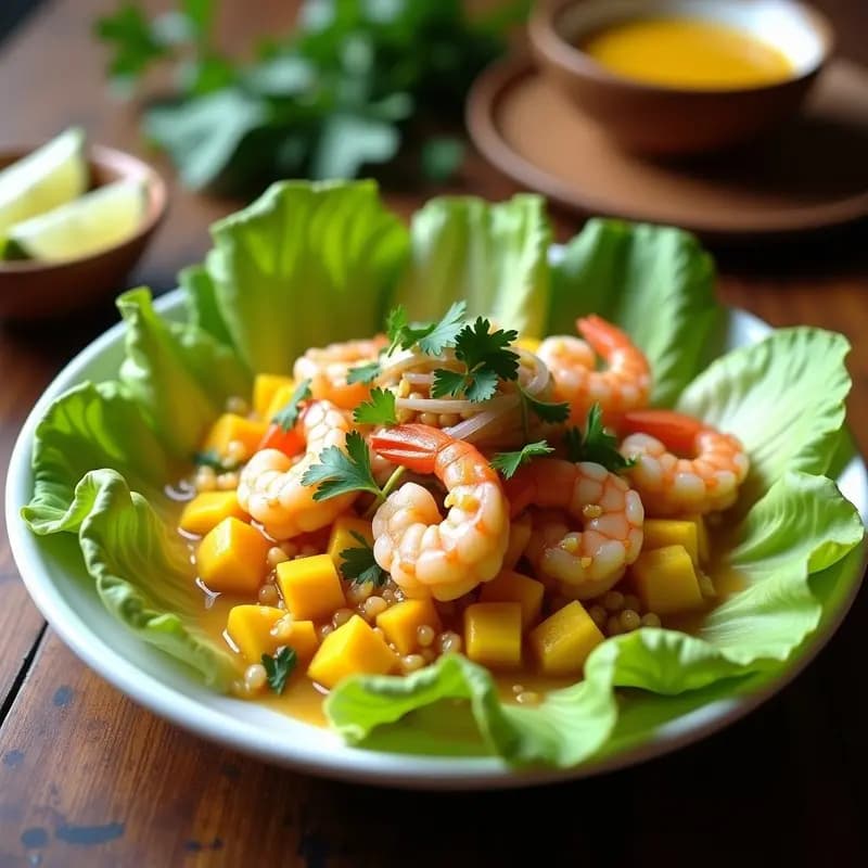 Ceviche de camarón con leche de tigre de mango servido en plato hondo sobre hojas de lechuga romana, decorado con cubos de mango fresco, cancha serrana y culantro, receta peruana tropical y sin lactosa.