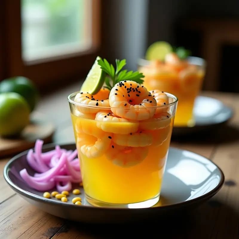 Ceviche de camarones nikkei antiinflamatorio servido en copa de cristal transparente, con leche de tigre de maracuyá y cúrcuma de color amarillo dorado, decorado con semillas de sésamo negro, cilantro fresco y rodajas de limón verde sobre fondo rústico de madera.