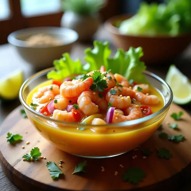 Ceiche de camarones al estilo peruano con leche de tigre servido en copa de cristal, con trozos de camarón rosado marinado, cebolla morada en juliana, cilantro fresco y semillas de sésamo tostado. Fondo de hojas de lechuga y rodajas de limón verde, resaltando la frescura y acidez del plato tradicional peruano.