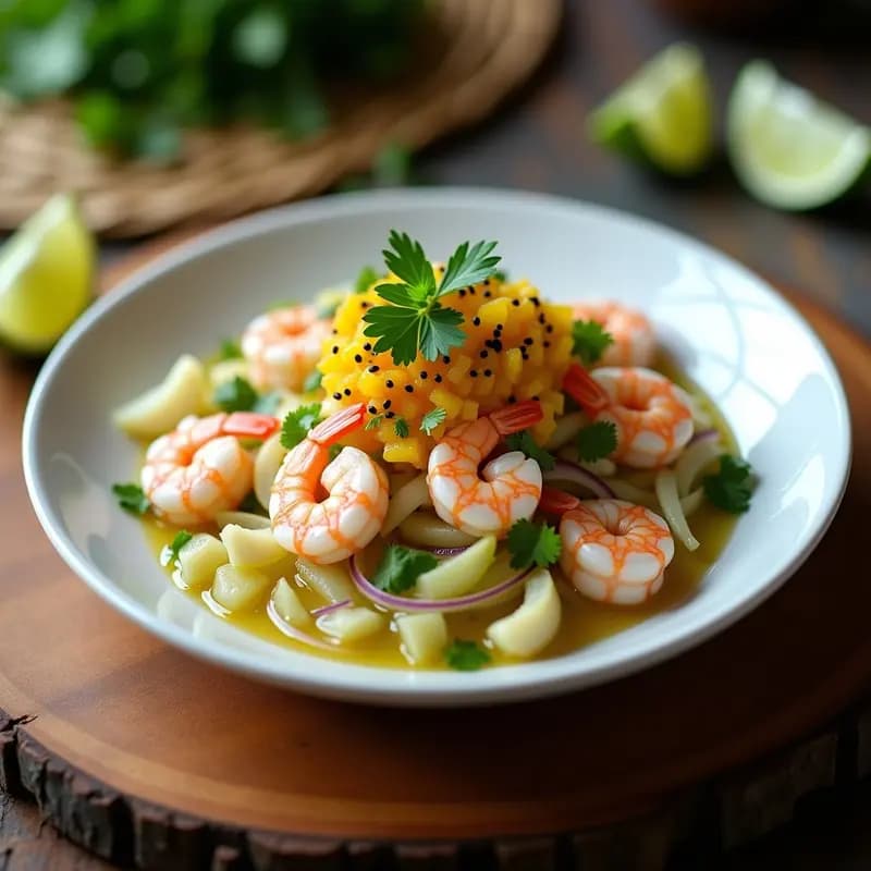 Ceviche de camarones rosados y jugosos sobre lechuga de mar verde, decorado con pulpa dorada de granadilla y cilantro fresco. Plato fresco y exótico típico de la cocina peruana, servido en un bol de cerámica blanca con hielo picado al lado.