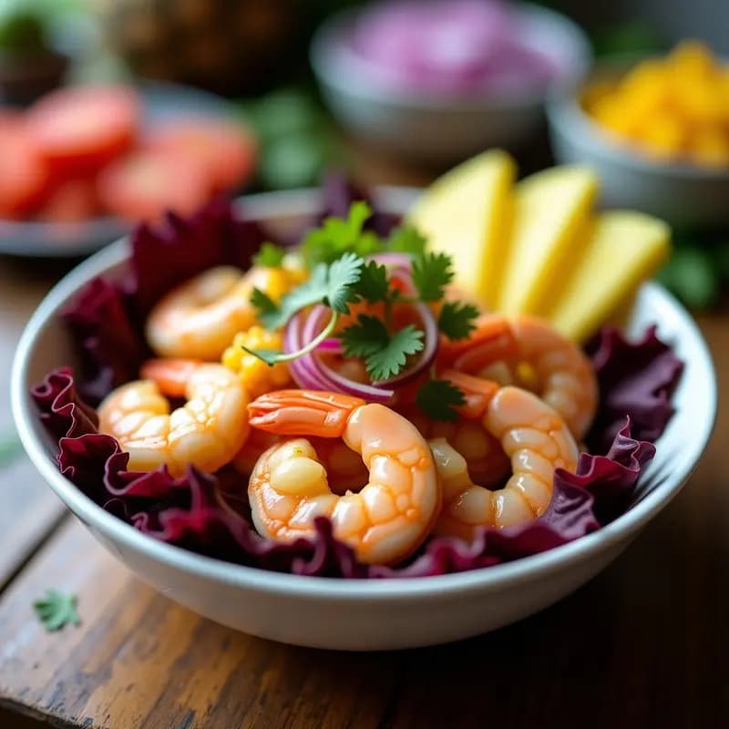 Plato hondo blanco con ceviche de camarones rosados marinados en salsa amarilla de piña, servido sobre hojas de lechuga morada vibrante. Acompañado de rodajas de piña fresca y cilantro. Receta peruana refrescante y rápida.