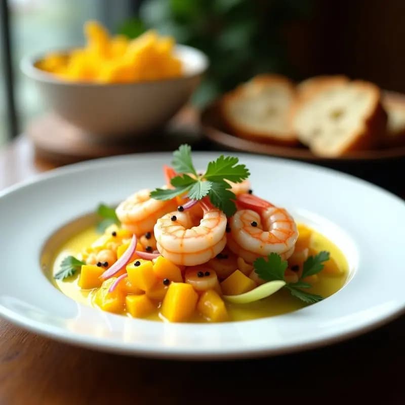 Plato de porcelana blanca con ceviche de camarones tigre en trozos, cubos de mango ataulfo, virutas de queso Leicester y juliana de cebolla morada, bañado en leche de tigre amarilla. Decorado con hojas de cilantro y pimienta rosa, acompañado de cancha serrana y pan de soda.