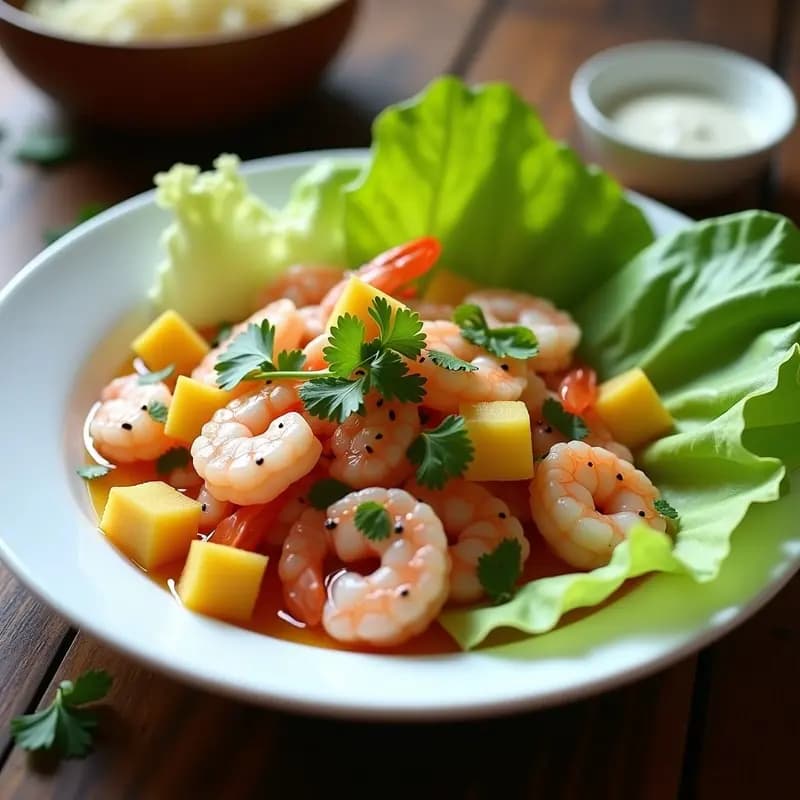 Ceviche de camarones con lichi y cilantro servido en hojas de lechuga morada, decorado con semillas de sésamo y rodajas de lima, sobre una mesa rústica con hielo picado al lado.