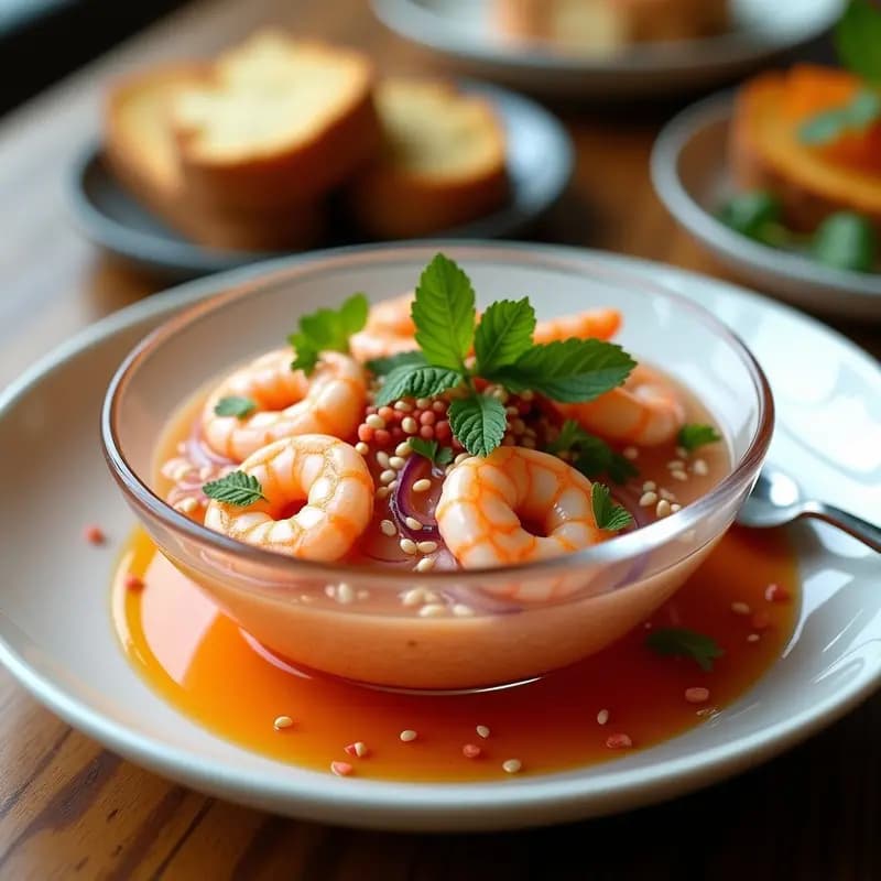Ceviche de camarones y litchi servido en copa de cristal transparente, con camarones rosados marinados, trozos de litchi translúcido, cebolla morada en juliana, cilantro fresco y semillas de sésamo espolvoreadas. Fondo de hojas de menta y tostadas de pan sin gluten. Receta peruana dulce-salada con toque asiático.