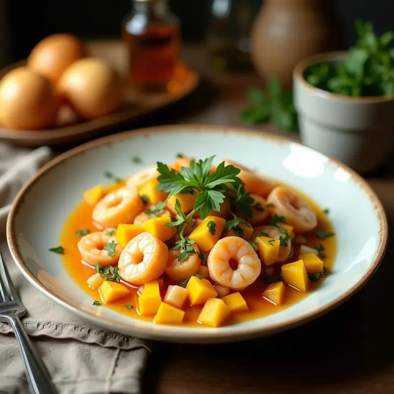 Ceviche de camarones con mango y aceite de oliva servido en copa de cristal, con trozos de camarón rosado, cubos de mango amarillo, juliana de cebolla morada y hinojo, decorado con semillas de sésamo y alga nori sobre fondo rústico.