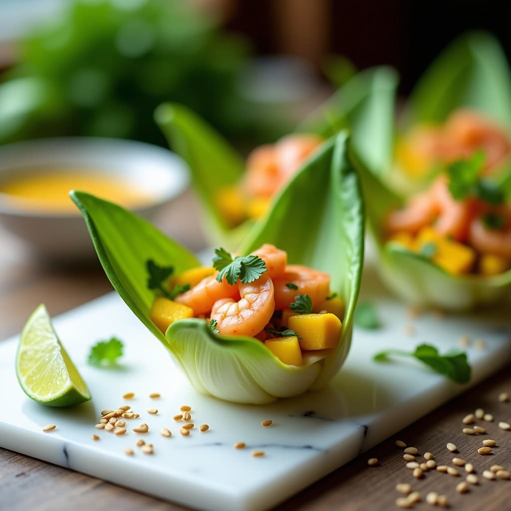Entrante peruano elegante: vasitos de endibia rellenos de ceviche de camarones, mango y aguacate, con decoración de menta y sésamo tostado.