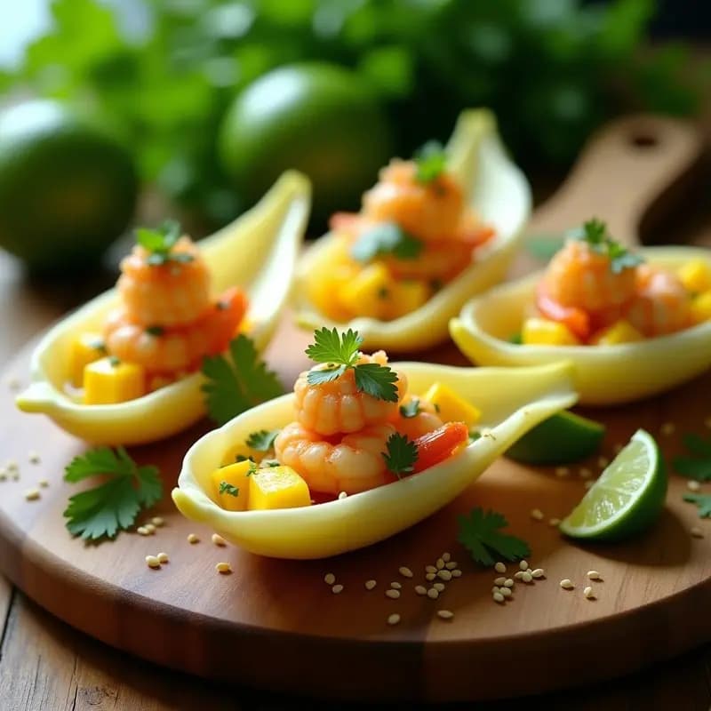 Cucharitas de endibia rellenas de ceviche de camarones con trozos de mango maduro, cilantro fresco y semillas de sésamo tostadas, servidas en una bandeja de madera rústica con fondo de hojas verdes y rodajas de limón.
