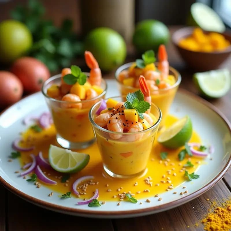 Ceviche de camarones con mango y cúrcuma servido en copas de cristal transparente, con trozos de camarón rosado, cubos de mango amarillo brillante, cebolla morada en juliana y semillas de sésamo tostado. Fondo con hojas de menta y rodajas de limón verde, receta peruana fusion alta en antioxidantes.