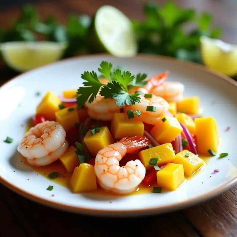Ceviche de camarones con mango y jengibre servido en plato blanco hondo, con trozos de mango dorado, camarones rosados, cebolla morada, cilantro fresco y semillas de sésamo, rodeado de rodajas de lima y decorado con hojas de cilantro.
