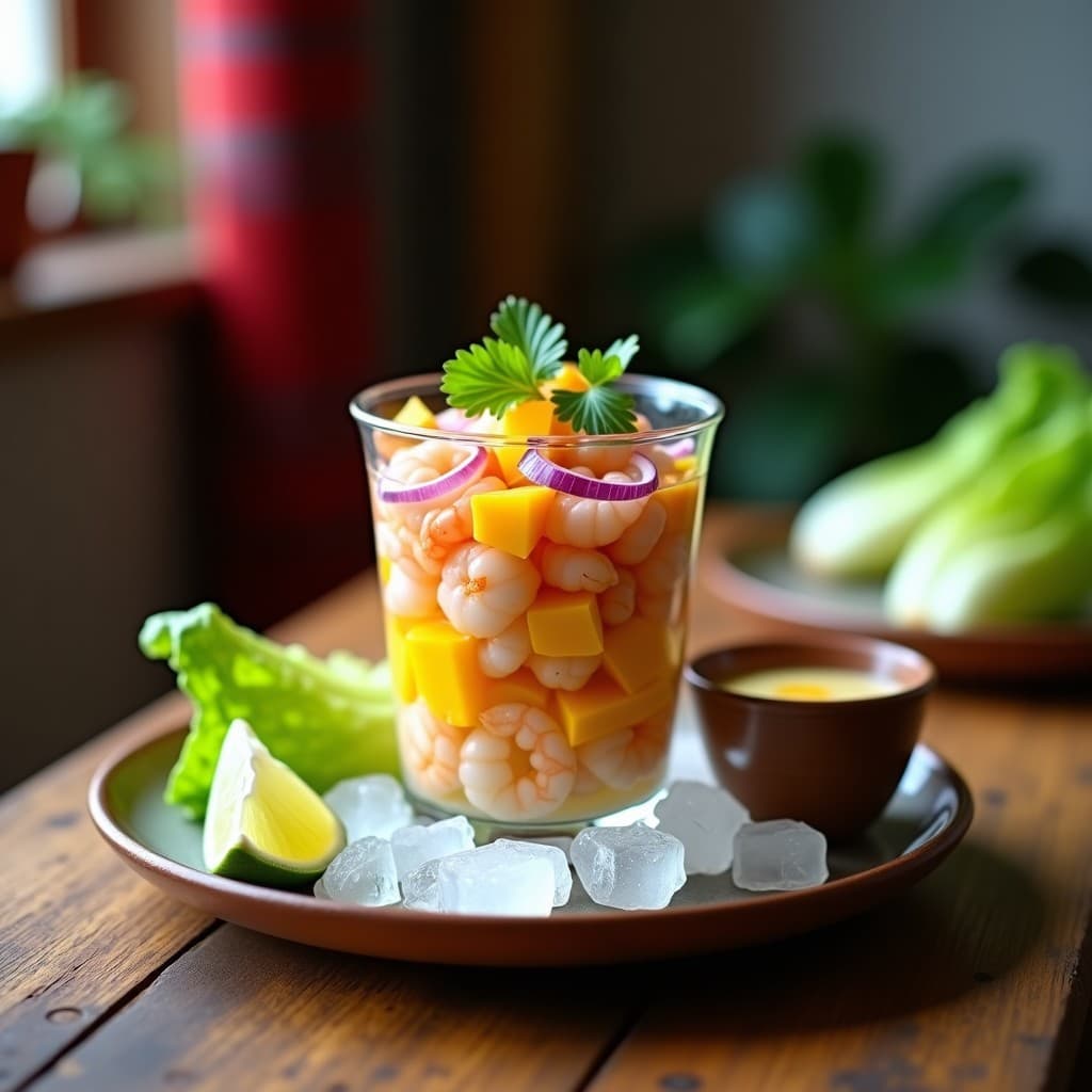 Ceviche de camarones con mango y leche de Tiger’s Milk servido en copa de cristal transparente, con capas de camarones rosados, cubos de mango amarillo, cebolla morada y culantro fresco, rodeado de hojas de lechuga y gotas de leche de tigre. Receta peruana fresca y colorida.