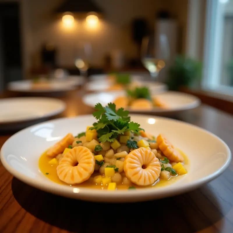 Vasitos de cristal transparente con ceviche de camarones rosados, cubos de mango amarillo, cilantro verde y semillas de sésamo doradas, sobre una hoja de lechuga romana. Plato fresco y colorido, ideal para llevar.
