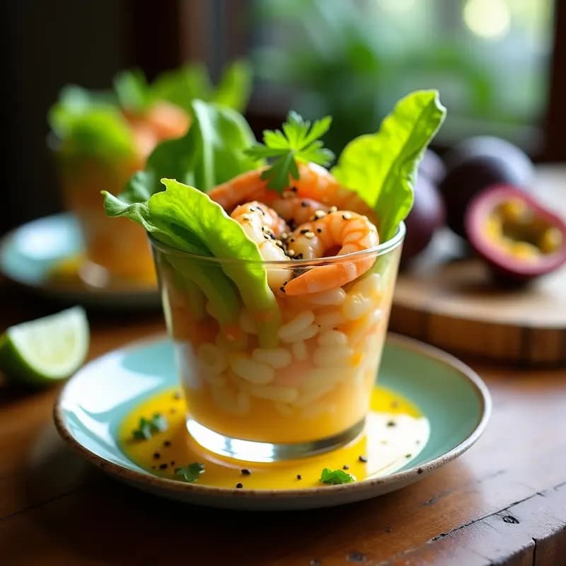 Ceviche de camarones con maracuyá y lechuga servido en copa de cristal sobre base de lechuga romana fresca, decorado con cilantro y gotas de pulpa de maracuyá, acompañada de rodajas de limón verde. Plato colorido y apetitoso, ideal para receta peruana fresh y bajas calorías.