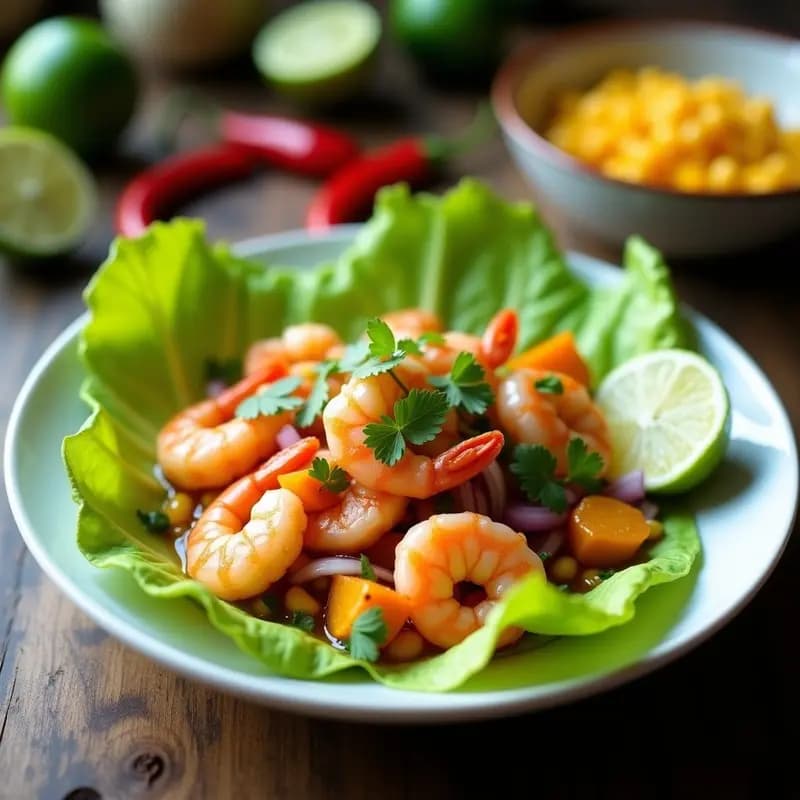 Ceviche de camarones con maracuyá y chile de árbol servido en copa de cristal sobre base de hielo picado, decorado con rodajas de maracuyá, cebolla morada, cilantro, menta y pepino en cubos. Receta peruana picante y refreshing.