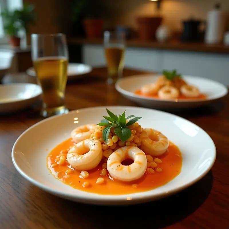 Ceviche de camarones con maracuyá y Coca-Cola servido en copa transparente, con camarones rosados, trozos de maracuyá, cebolla morada en juliana, cilantro fresco y decoración de maíz morado. Fondos borrosos de limones y una botella de Coca-Cola.