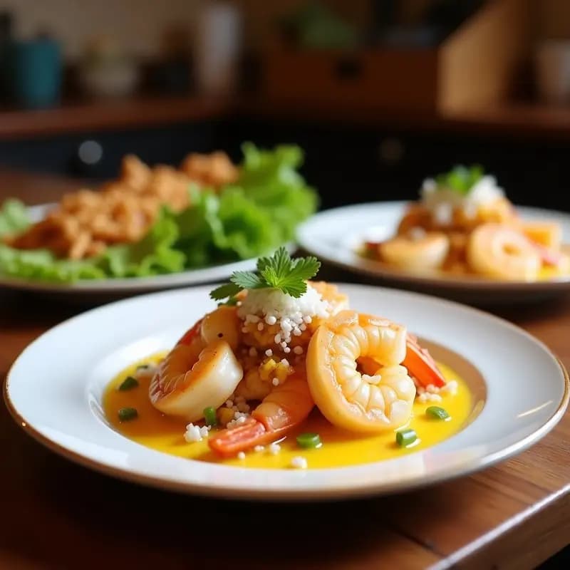 Ceviche de camarones con maracuyá y coco rallado servido sobre hojas de lechuga, con coco tostado espolvoreado y rodajas de limón verde al lado. Plato vibrante y fresco típico de la cocina ecuatoriana exótica.