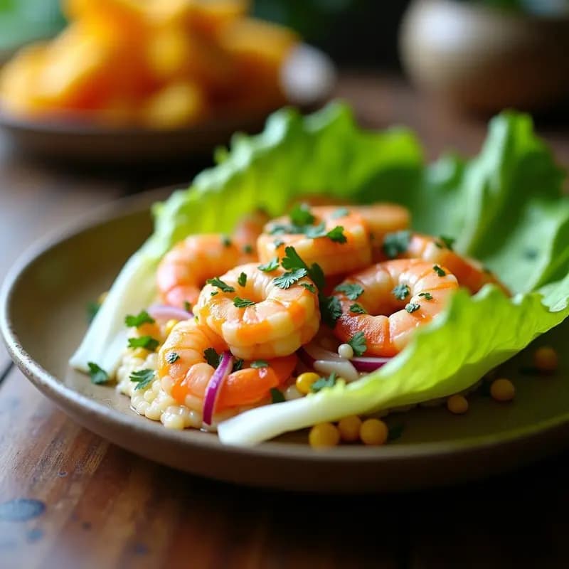 Ceviche peruano de camarones rosados marinados en leche de cocotero, con trozos de maracuyá amarilla, cebolla morada, culantro y ají limón, servido en plato blanco con rodajas de camote morado y hojas de menta.