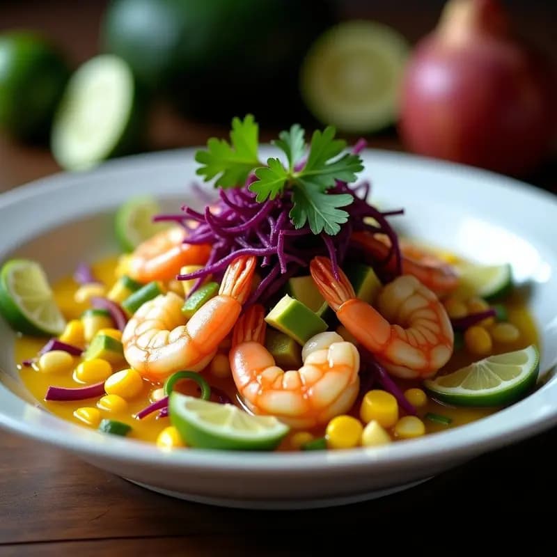 Ceviche de camarones con maracuyá y lechuga morada en plato transparente, con camarones rosados marinados, juliana de lechuga morada vibrante, cebolla morada, pulpa de maracuyá dorada y maíz tostado, sobre fondo blanco con luz natural.