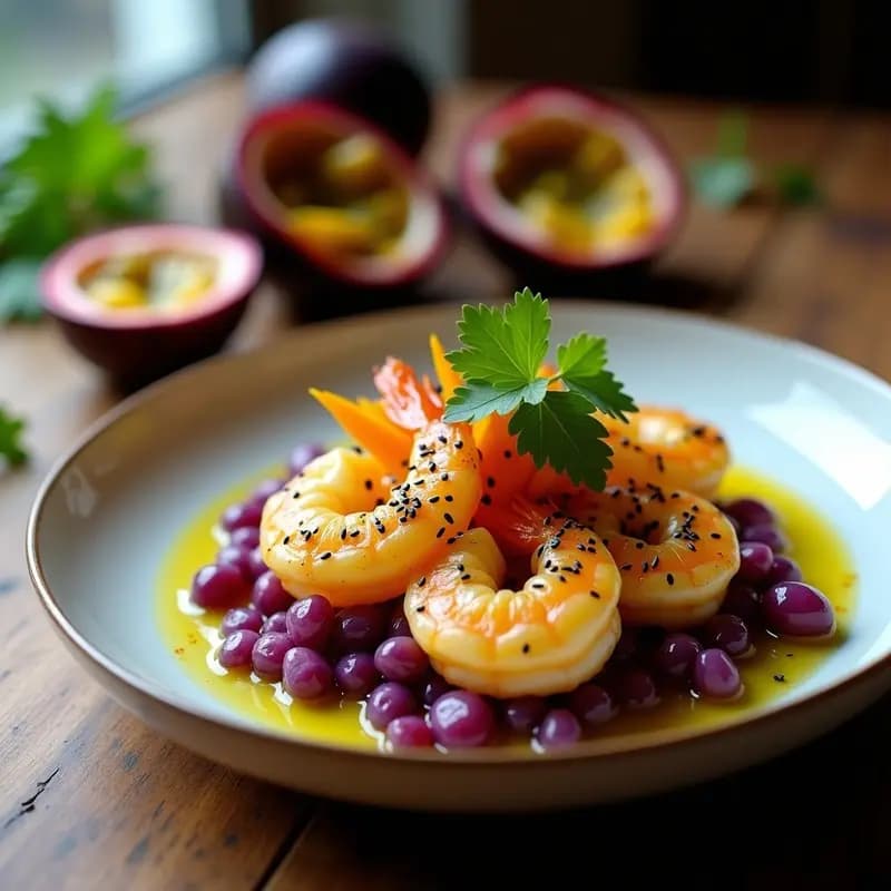 Plato hondo de cerámica negra con ceviche de camarón peruano Nikkei, camarones rosados en trozos bañados en leche de tigre amarilla con maracuyá, aguacate en cubos, cebolla morada, maíz morado tostado crujiente y semillas de sésamo negro. Acompañado de tostadas de camote morado y hojas de shiso. Vista cenital con fondo difuminado.