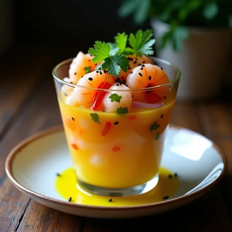 Ceviche Nikkei de camarones con maracuyá y cilantro servido en copa de cristal transparente, con trozos de camarón rosado, cebolla morada, pimiento rojo y semillas de sésamo negro. Decorado con hojas de cilantro y un hilo de aceite de sésamo sobre fondo oscuro.