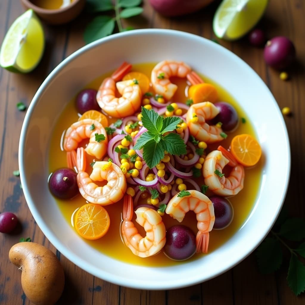 Ceviche de camarones con maracuyá servido en hojas de lechuga romana, con trozos de camarón rosado marinado, semillas de maracuyá amarillas brillantes, cebolla morada en juliana y cilantro fresco, acompañado de cucharitas de chifle dorado.